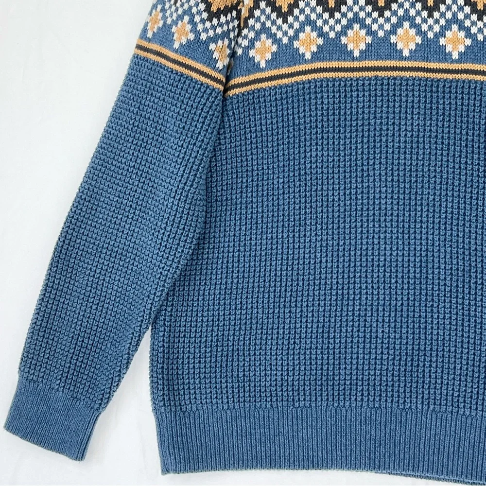 Vintage LL Bean Sweater Fair Isle Waffle 1/4 Zip Pullover Blue Cotton XL Y2K